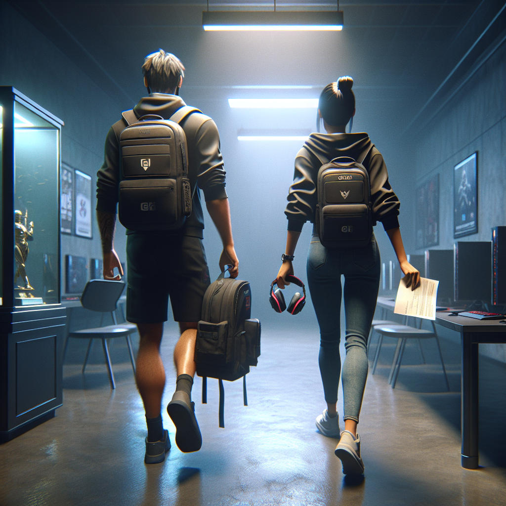 Two esports players leave team facility amid reported salary delays, somber evening light